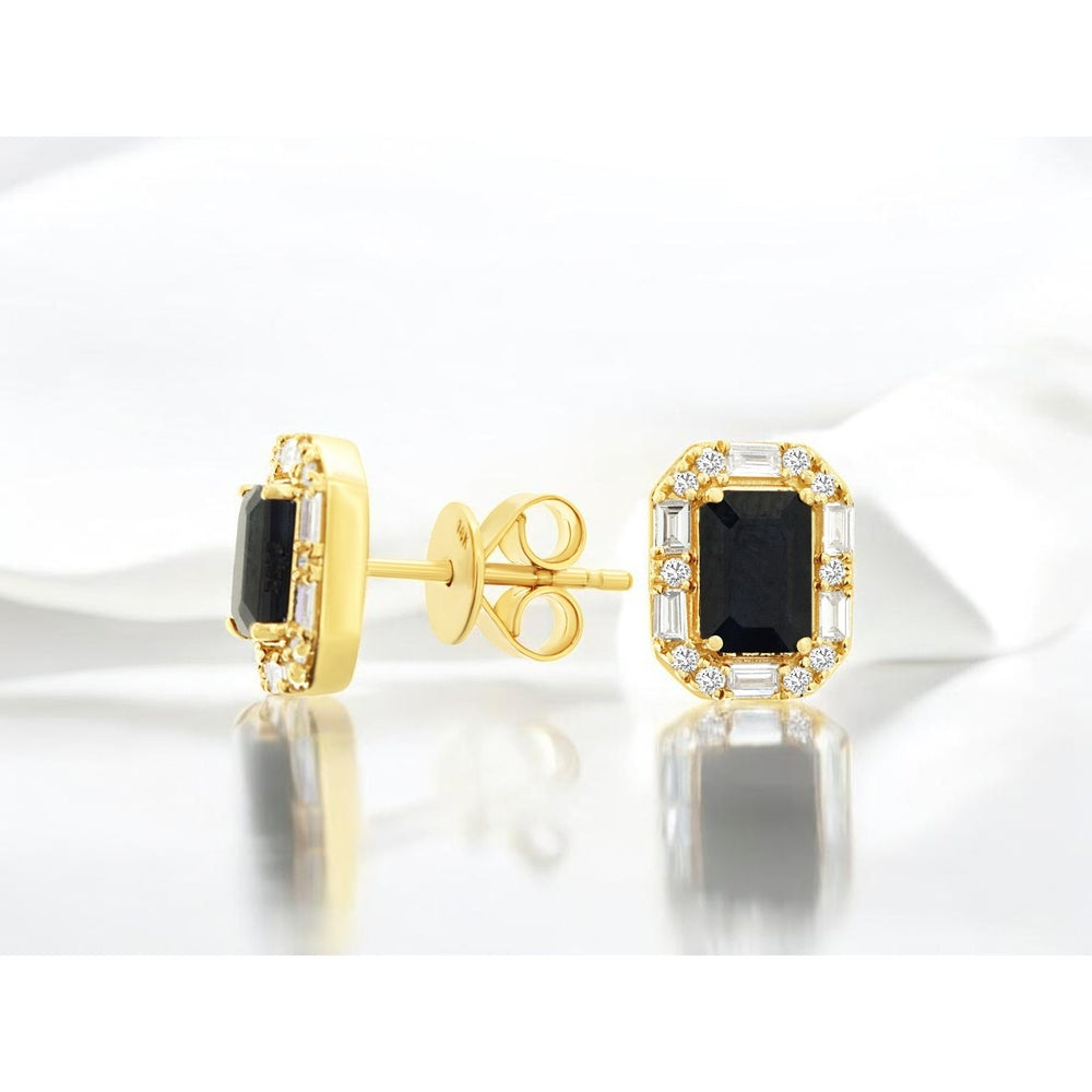14K Yellow Gold Halo Stud Earrings with Emerald-Cut Sapphires and Baguette & Round Diamonds - 1.40 Carat Total Sapphire Weight and 0.27 Carat Total Diamond Weight - Royal Jewelry