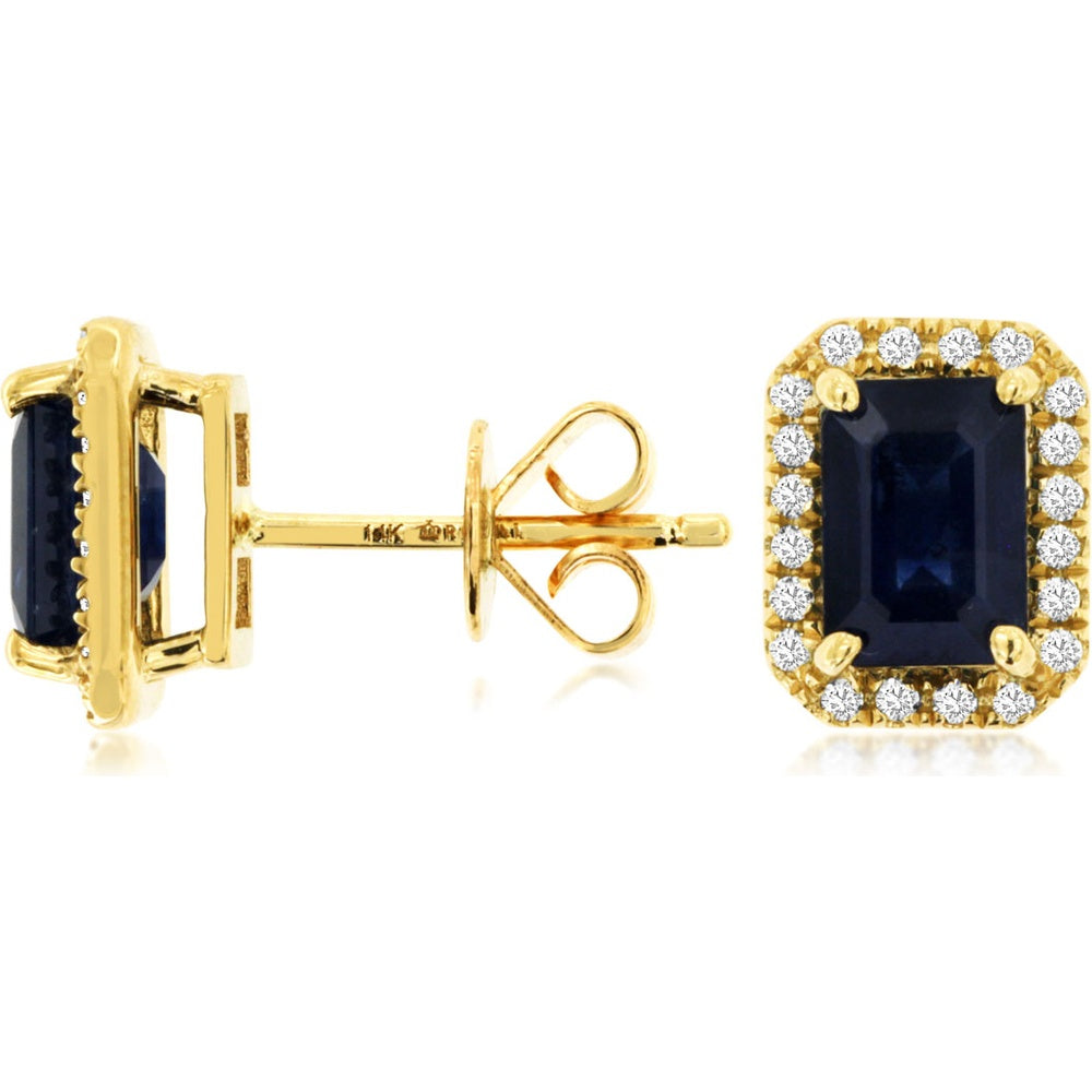 14K Yellow Gold Halo Stud Earrings with Emerald-Cut Sapphires and Round Diamonds - 2.18 Carat Total Sapphire Weight and 0.20 Carat Total Diamond Weight - Royal Jewelry