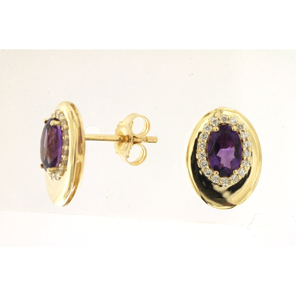14K Yellow Gold Halo Stud Earrings with Oval Amethyst and Round Diamonds - 0.84 Carat Total Amethyst Weight and 0.14 Carat Total Diamond Weight - Royal Jewelry