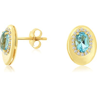 14K Yellow Gold Halo Stud Earrings with Oval Blue Topaz and Round Diamonds - 1.10 Carat Total Topaz Weight and 0.14 Carat Total Diamond Weight - Royal Jewelry