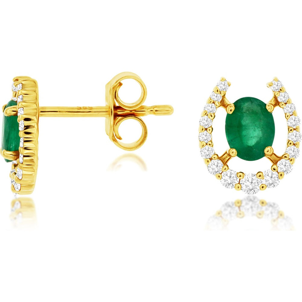 14K Yellow Gold Halo Stud Earrings with Oval Emeralds and Round Diamonds - 0.70 Carat Total Emerald Weight and 0.25 Carat Total Diamond Weight - Royal Jewelry