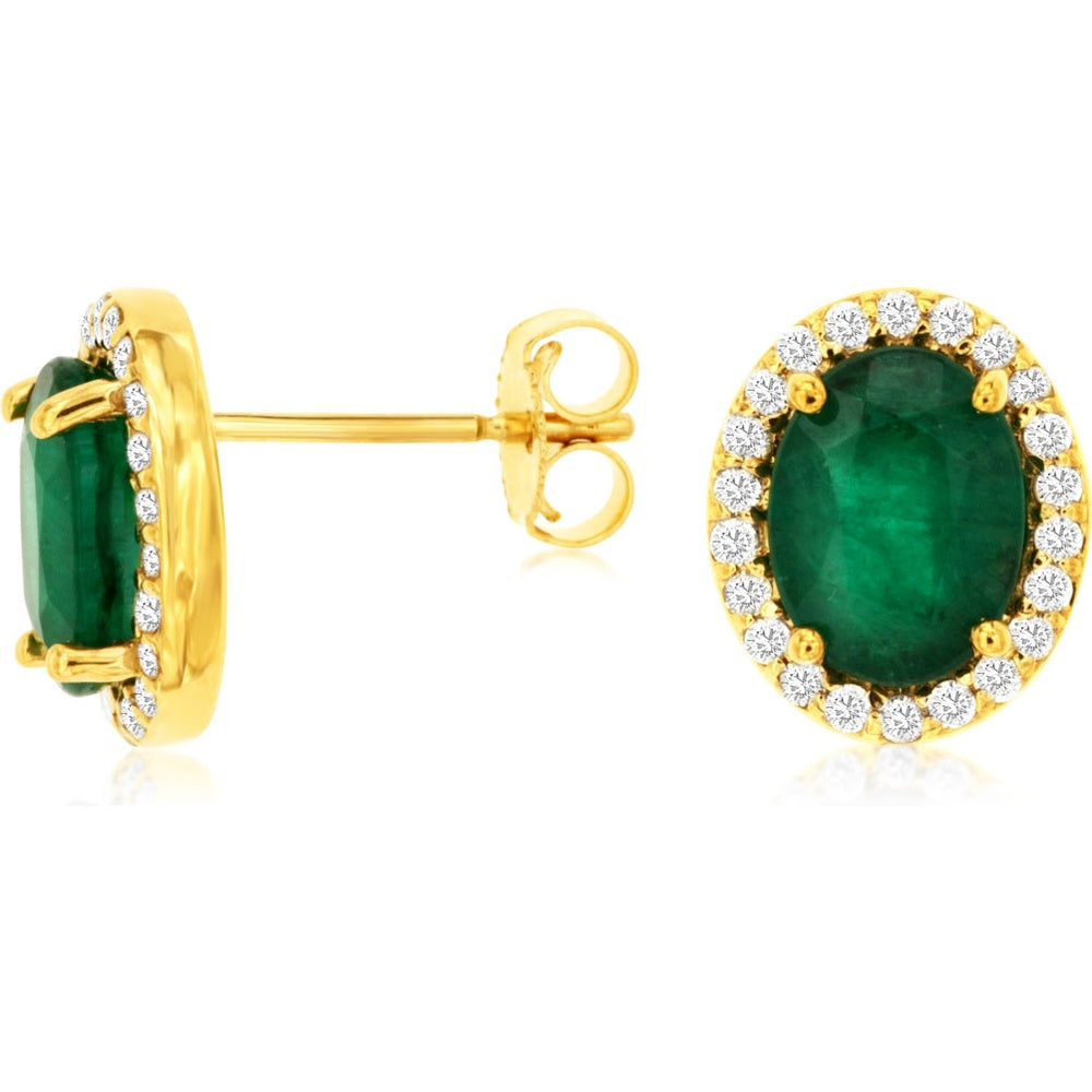 14K Yellow Gold Halo Stud Earrings with Oval Emeralds and Round Diamonds - 2.20 Carat Total Emerald Weight and 0.28 Carat Total Diamond Weight - Royal Jewelry