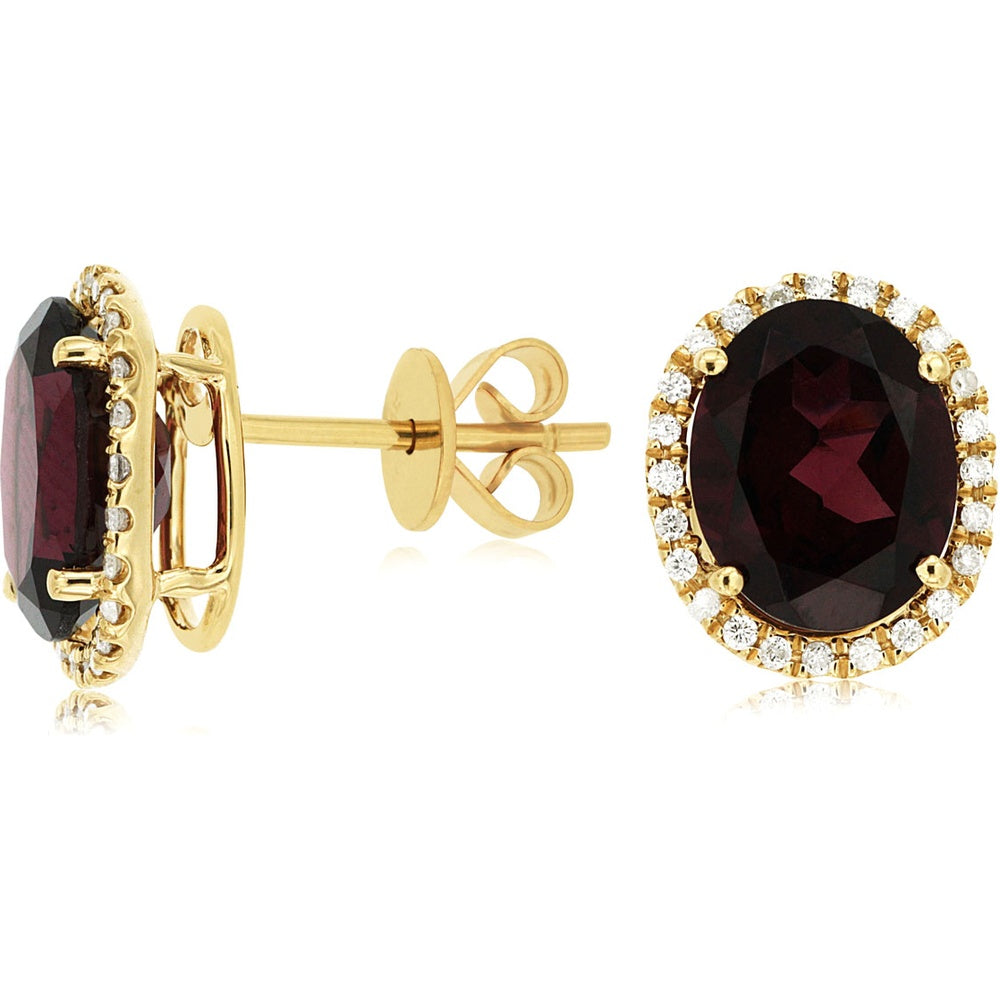 14K Yellow Gold Halo Stud Earrings with Oval Garnets and Round Diamond Accents - 5.50 Carat Total Garnet Weight and 0.35 Carat Total Diamond Weight - Royal Jewelry