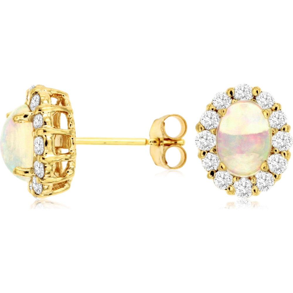 14K Yellow Gold Halo Stud Earrings with Oval Opals and Round Diamonds - 1.00 Carat Total Opal Weight and 0.60 Carat Total Diamond Weight - Royal Jewelry