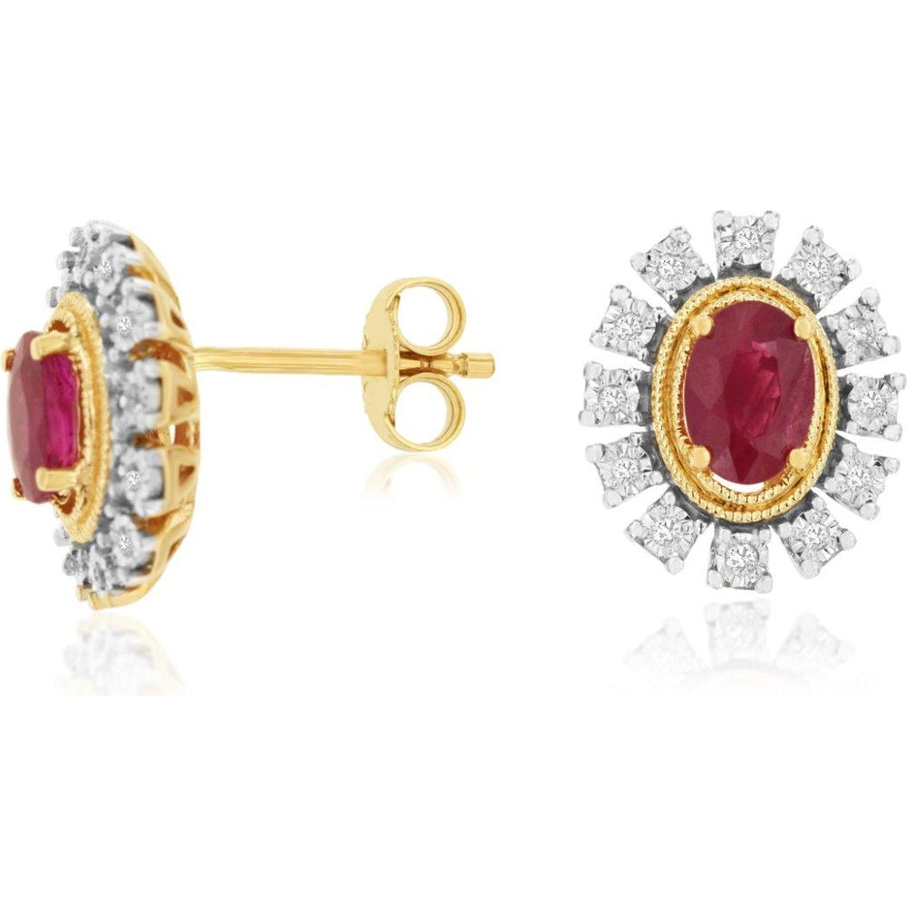 14K Yellow Gold Halo Stud Earrings with Oval Rubies and Diamond Accents - 1.12 Carat Total Ruby Weight and 0.10 Carat Total Diamond Weight - Royal Jewelry
