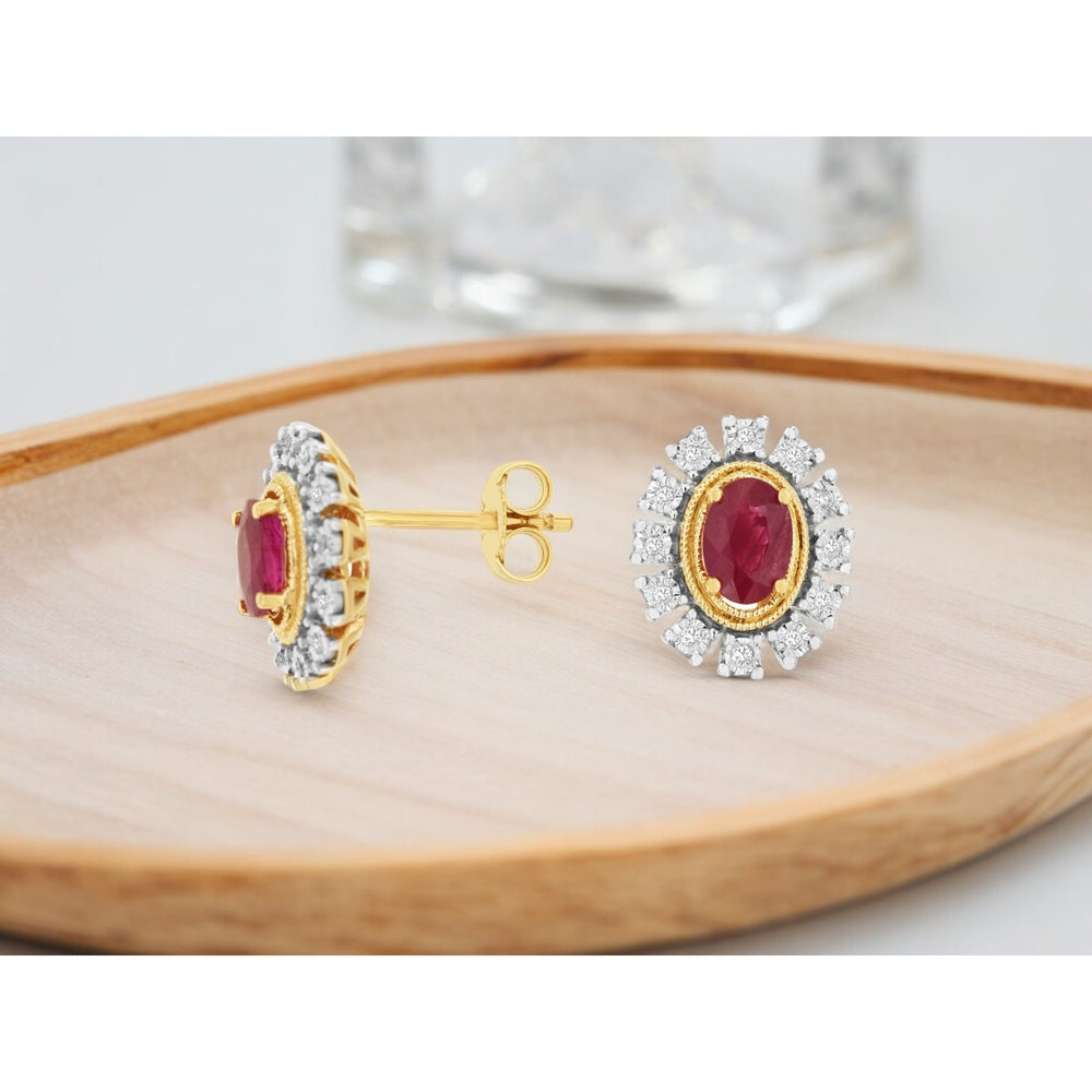 14K Yellow Gold Halo Stud Earrings with Oval Rubies and Diamond Accents - 1.12 Carat Total Ruby Weight and 0.10 Carat Total Diamond Weight - Royal Jewelry