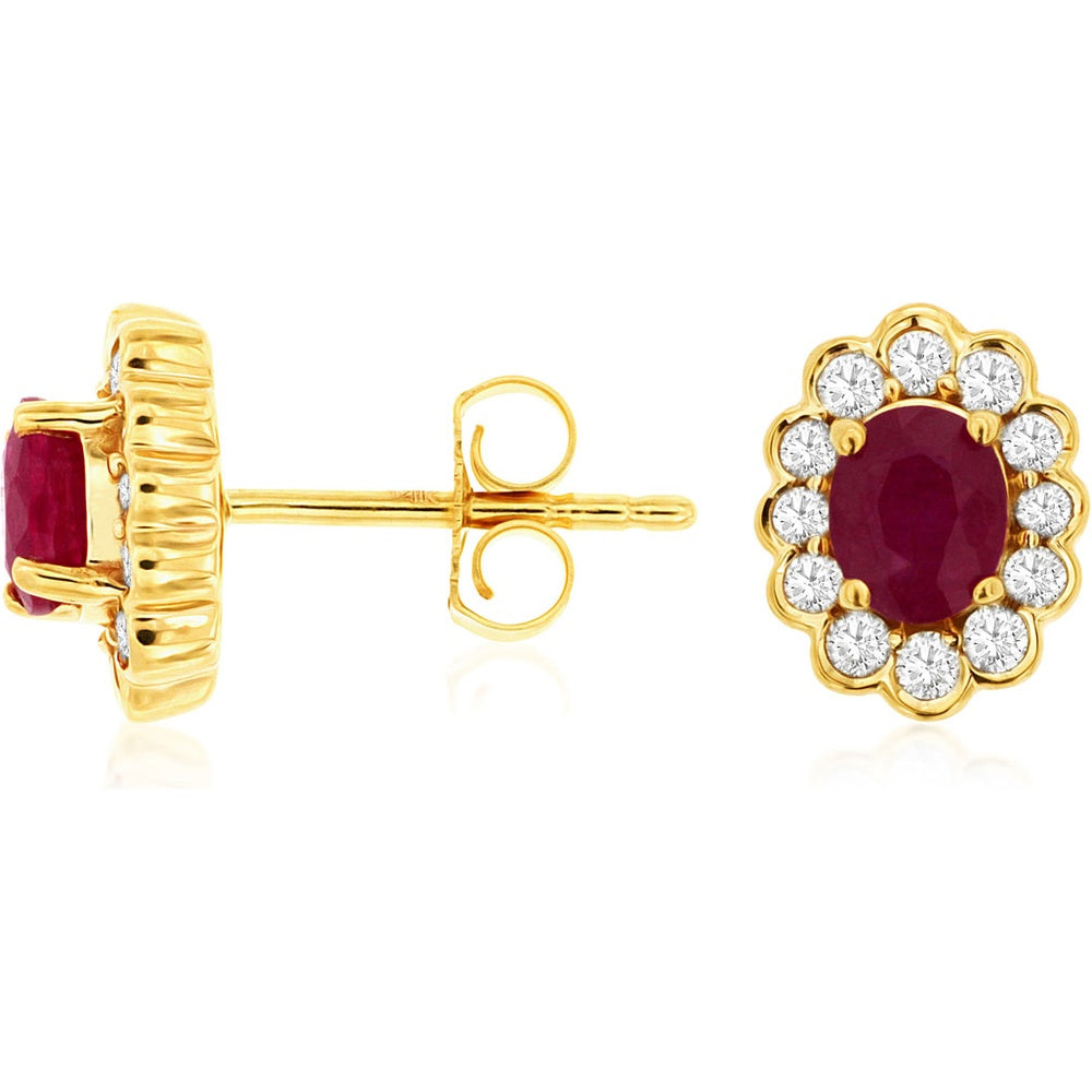 14K Yellow Gold Halo Stud Earrings with Oval Rubies and Round Diamonds - 0.80 Carat Total Ruby Weight and 0.33 Carat Total Diamond Weight - Royal Jewelry