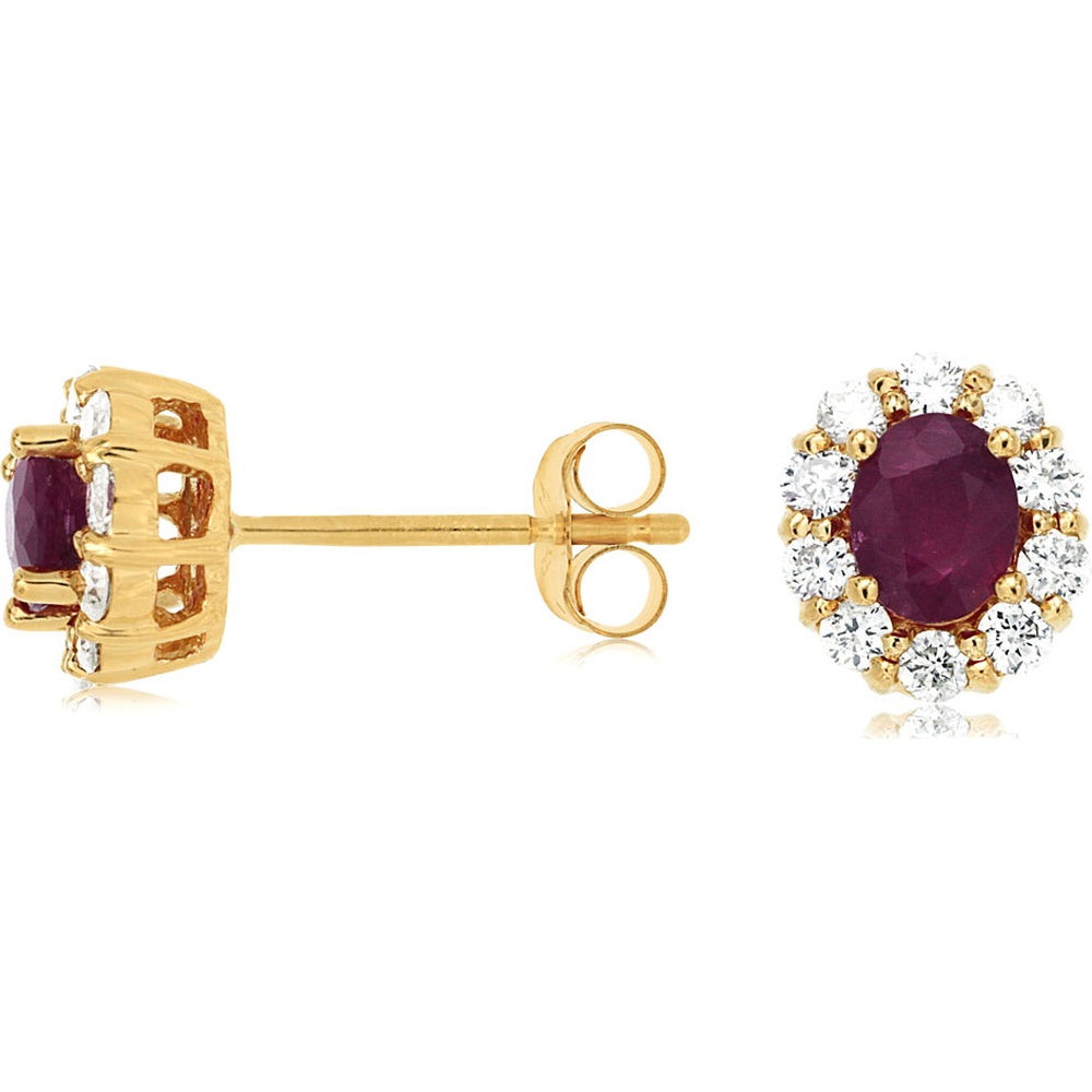 14K Yellow Gold Halo Stud Earrings with Oval Rubies and Round Diamonds - 0.80 Carat Total Ruby Weight and 0.45 Carat Total Diamond Weight - Royal Jewelry