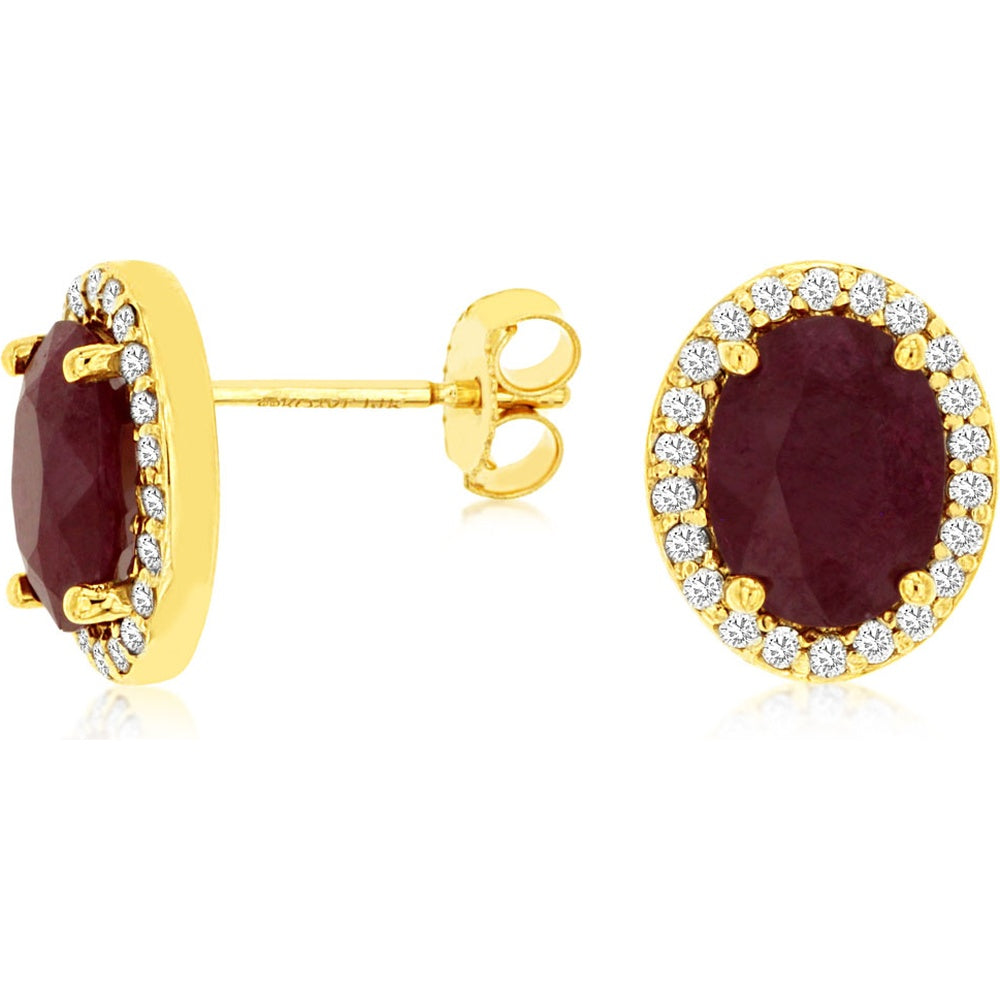 14K Yellow Gold Halo Stud Earrings with Oval Rubies and Round Diamonds - 2.45 Carat Total Ruby Weight and 0.28 Carat Total Diamond Weight - Royal Jewelry