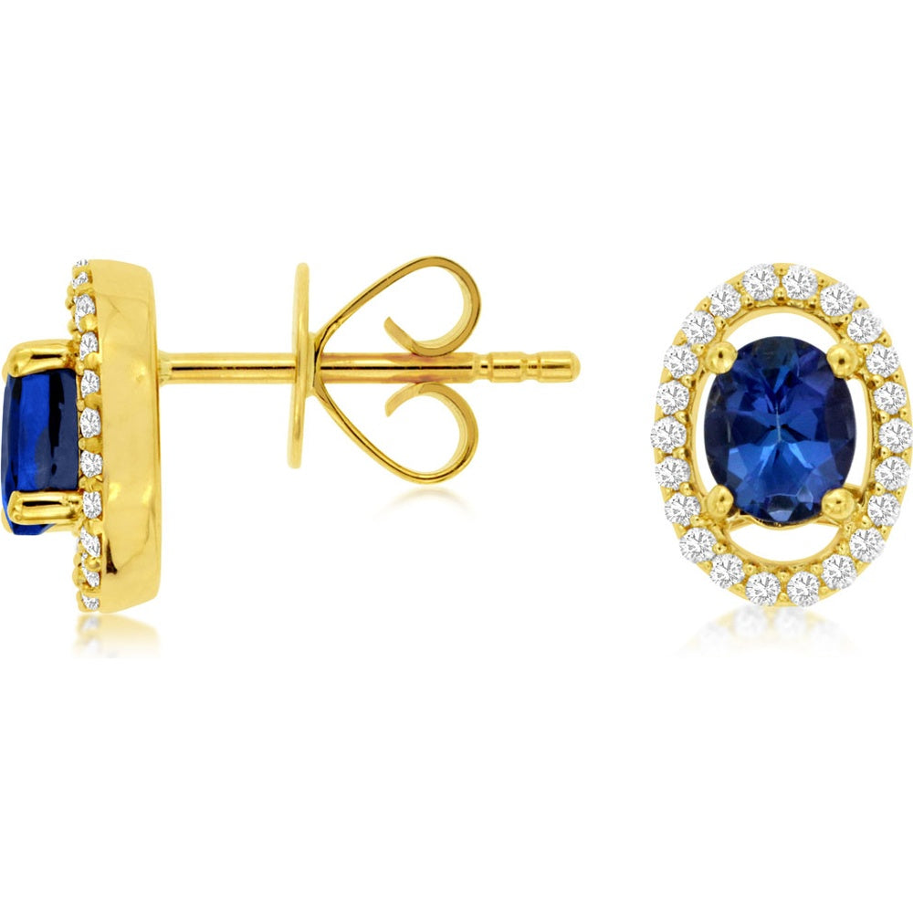 14K Yellow Gold Halo Stud Earrings with Oval Tanzanite and Round Diamonds - 0.70 Carat Total Tanzanite Weight and 0.18 Carat Total Diamond Weight - Royal Jewelry