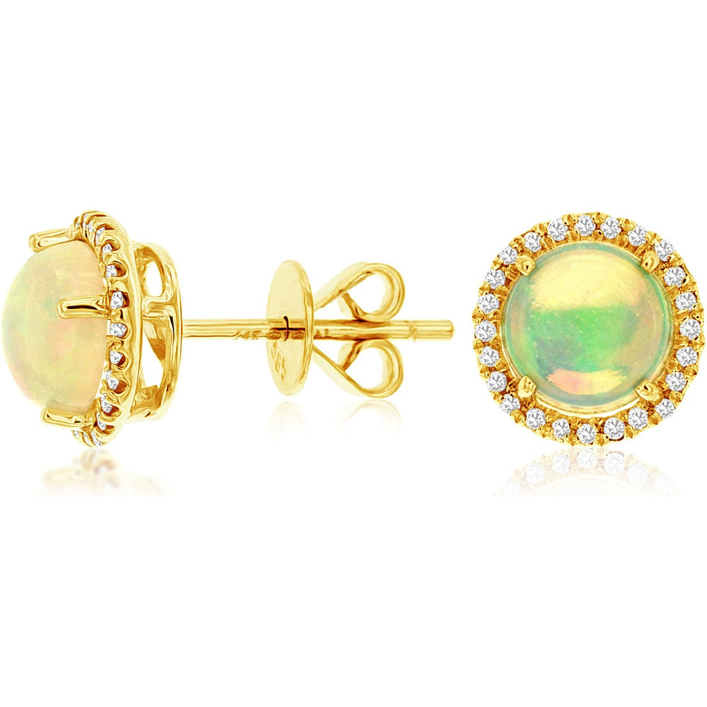 14K Yellow Gold Halo Stud Earrings with Round Cabochon Opals and Diamond Accents - 1.90 Carat Total Opal Weight and 0.15 Carat Total Diamond Weight - Royal Jewelry