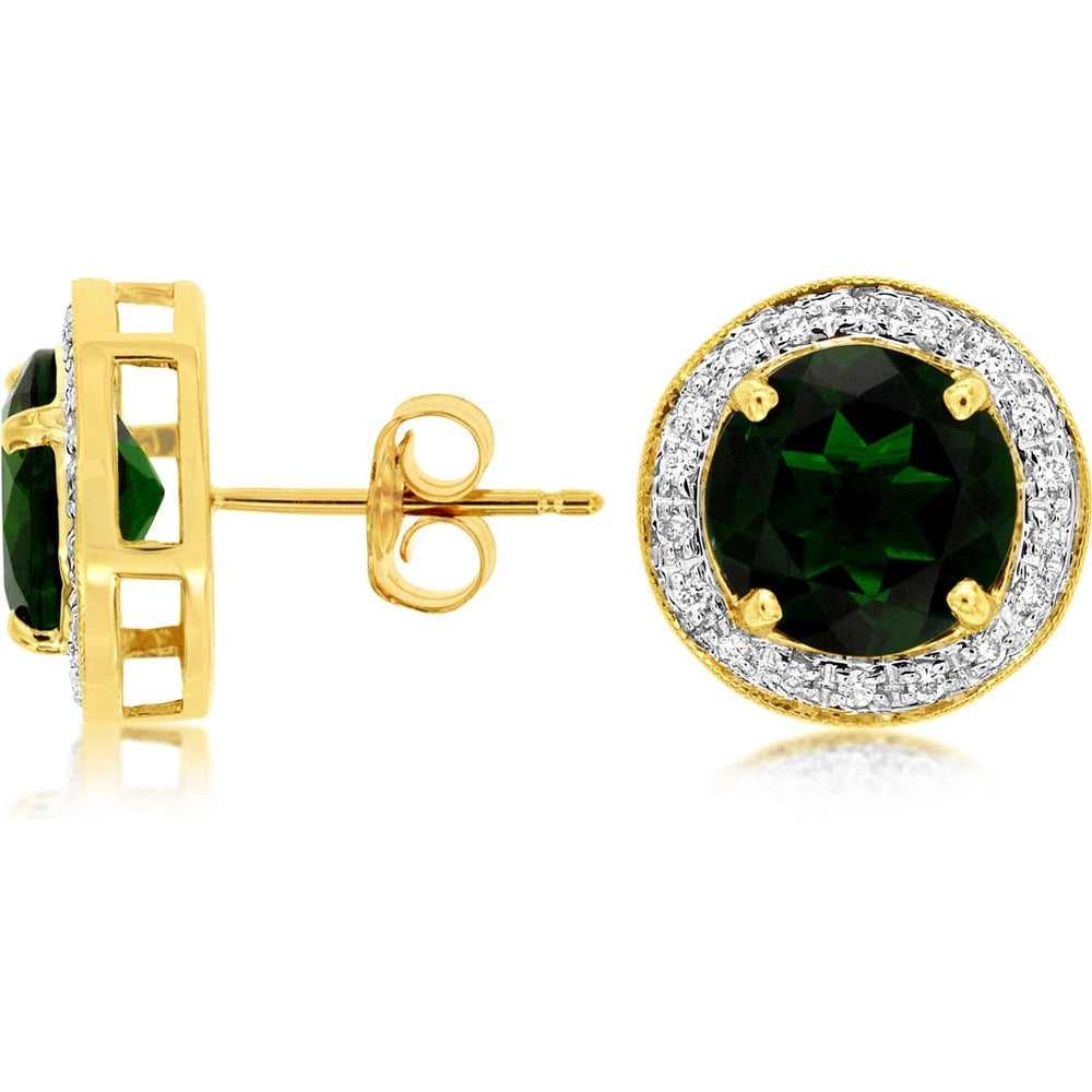 14K Yellow Gold Halo Stud Earrings with Round Cut Russalite and Diamond Accents - 4.00 Carat Total Russalite Weight and 0.15 Carat Total Diamond Weight - Royal Jewelry