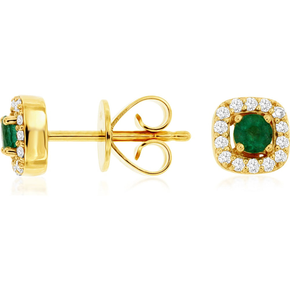 14K Yellow Gold Halo Stud Earrings with Round Emerald and Diamond Accents - 0.25 Carat Total Emerald Weight and 0.18 Carat Total Diamond Weight - Royal Jewelry