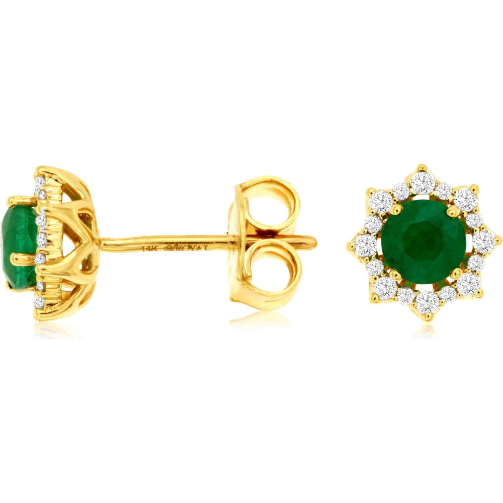 14K Yellow Gold Halo Stud Earrings with Round Emeralds and Diamond Accents - 0.70 Carat Total Emerald Weight and 0.20 Carat Total Diamond Weight - Royal Jewelry