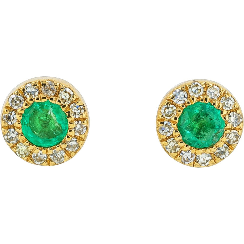 14K Yellow Gold Halo Stud Earrings with Round Emeralds and Round Diamonds - 0.12 Carat Total Emerald Weight and 0.06 Carat Total Diamond Weight