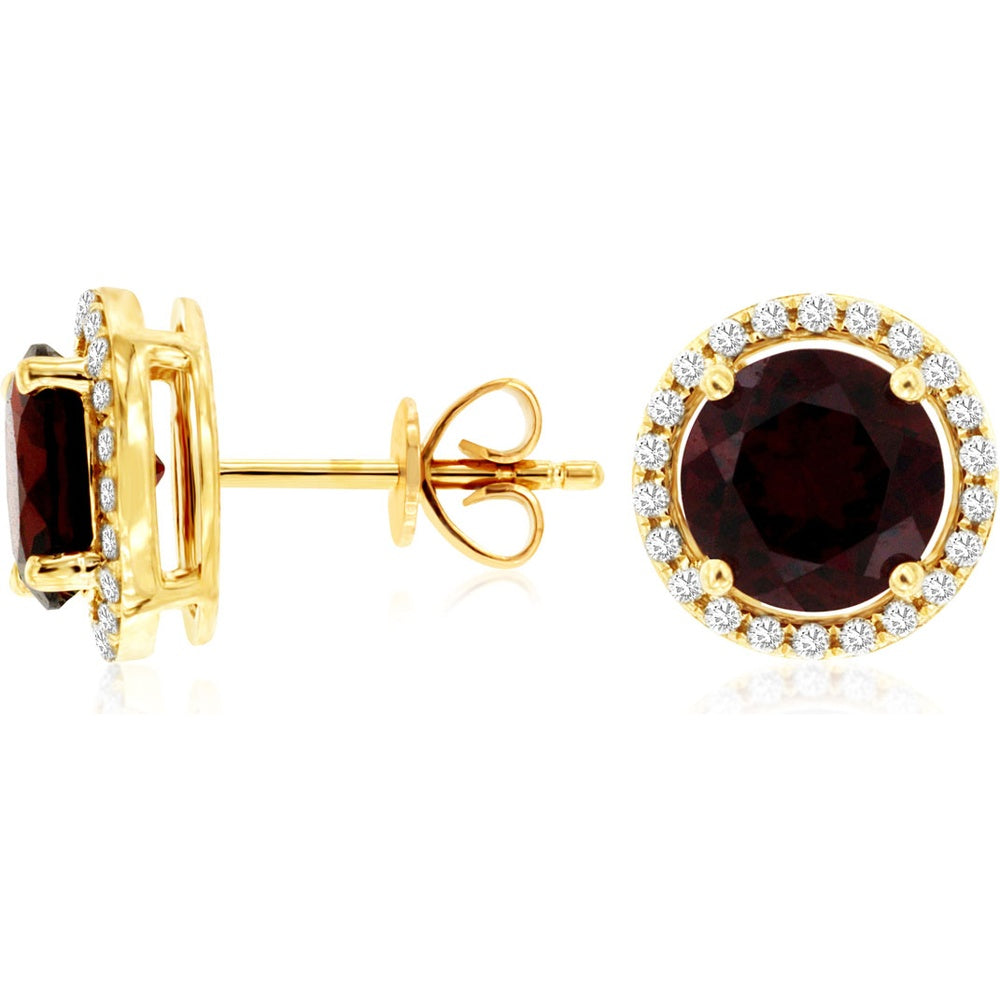 14K Yellow Gold Halo Stud Earrings with Round Garnet and Pavé Set Diamonds - 3.00 Carat Total Garnet Weight and 0.23 Carat Total Diamond Weight - Royal Jewelry