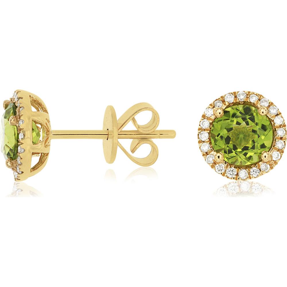 14K Yellow Gold Halo Stud Earrings with Round Peridot and Diamond Accents - 1.90 Carat Total Peridot Weight, 0.16 Carat Total Diamond Weight - Royal Jewelry
