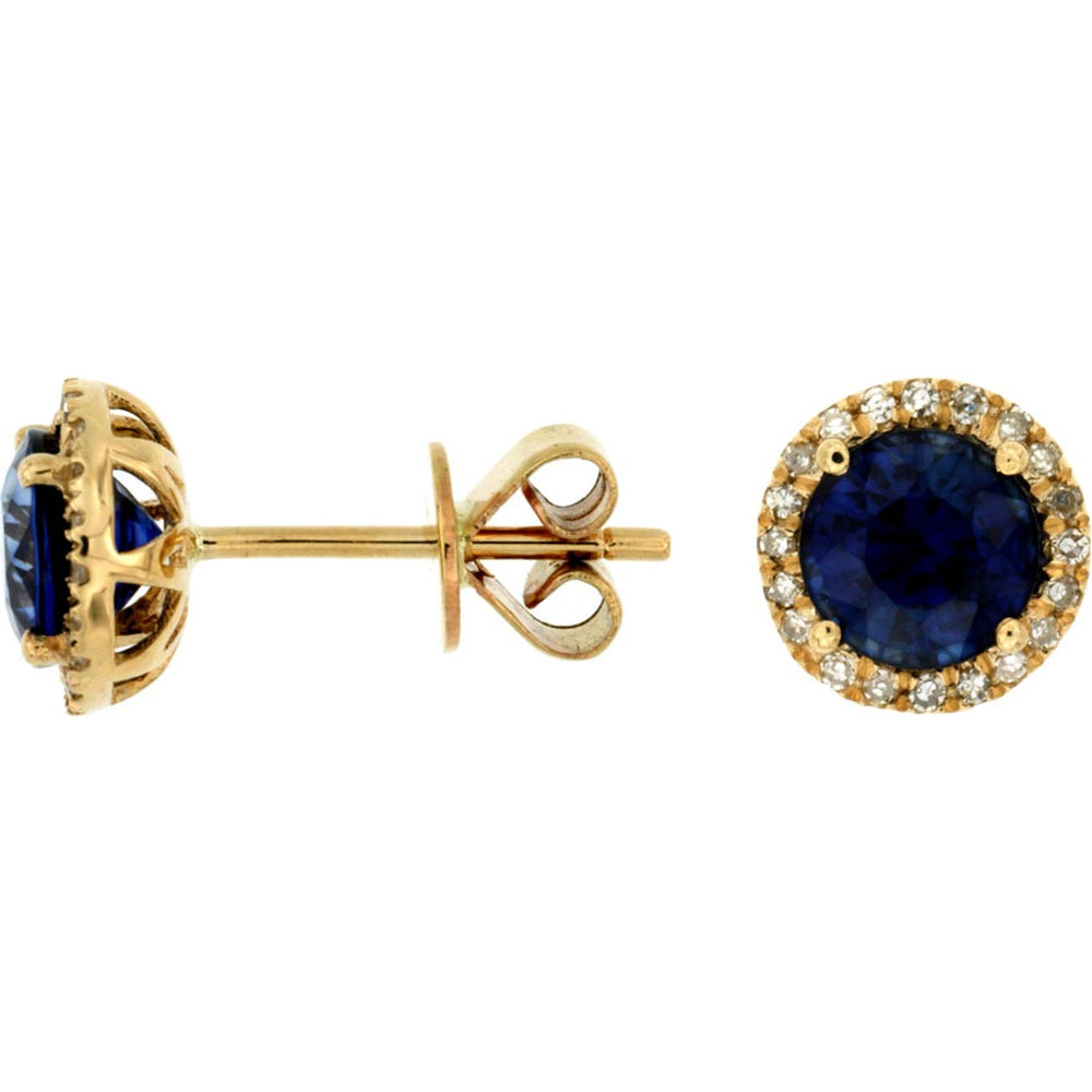 14K Yellow Gold Halo Stud Earrings with Round Sapphires and Round Diamonds - 2.20 Carat Total Sapphire Weight and 0.15 Carat Total Diamond Weight - Royal Jewelry