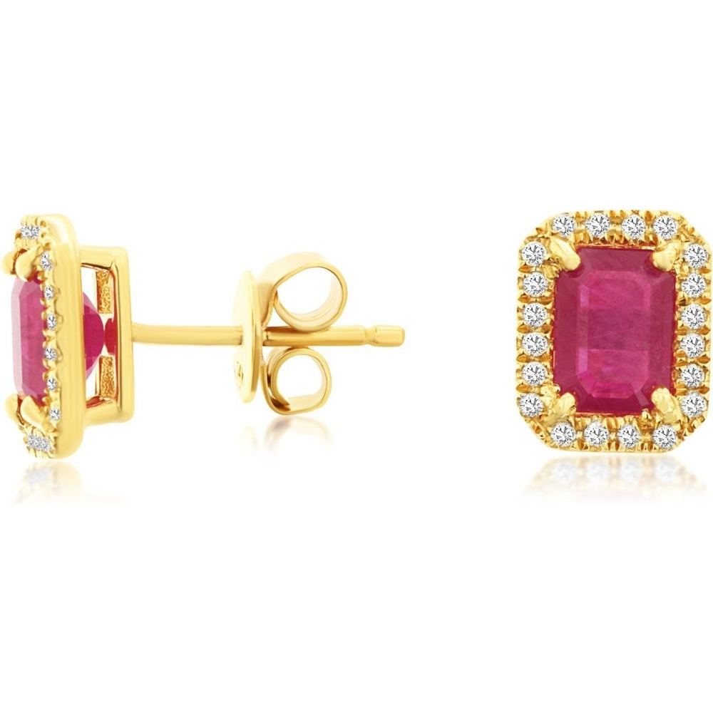 14K Yellow Gold Halo Stud Earrings with Square-Cut Rubies and Round Diamonds - 2.20 Carat Total Ruby Weight and 0.20 Carat Total Diamond Weight - Royal Jewelry