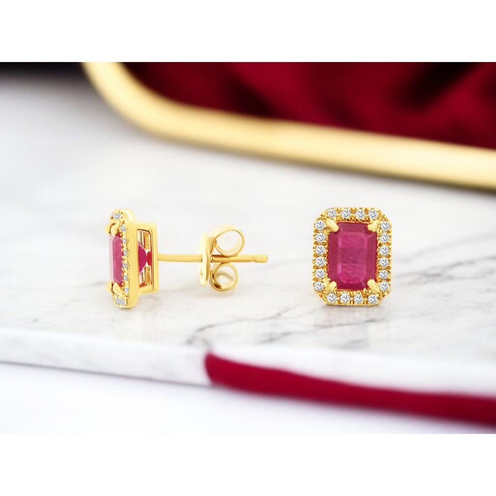 14K Yellow Gold Halo Stud Earrings with Square-Cut Rubies and Round Diamonds - 2.20 Carat Total Ruby Weight and 0.20 Carat Total Diamond Weight - Royal Jewelry