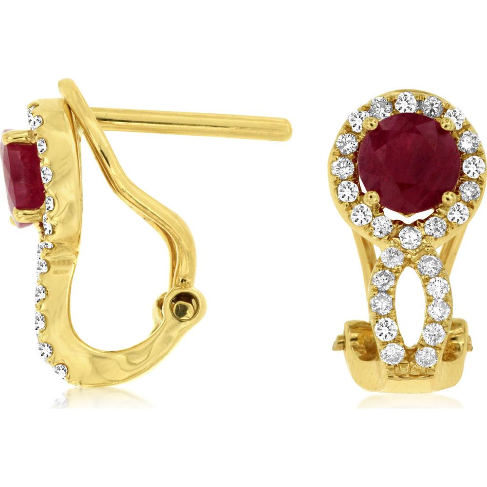 14K Yellow Gold Halo-Style Earrings with Round Rubies and Diamond Accents - 0.95 Carat Total Ruby Weight, 0.34 Carat Total Diamond Weight - Royal Jewelry