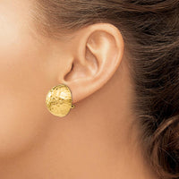 14K Yellow Gold Hammered Button Omega Back Post Earrings - 22mm Diameter by 0