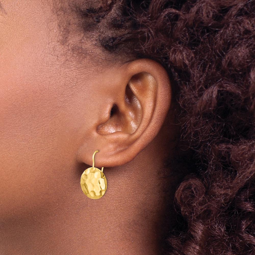 14K Yellow Gold Hammered Circle Disc Drop Earrings - Polished Finish by 0