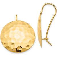 14K Yellow Gold Hammered Circle Drop Earrings - Polished Finish, 29mm Length by 0