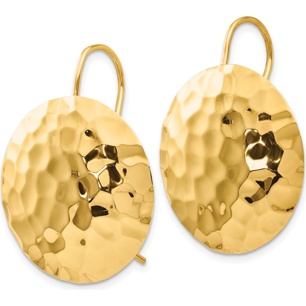 14K Yellow Gold Hammered Circle Drop Earrings - Polished Finish, 29mm Length by 0
