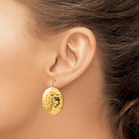 14K Yellow Gold Hammered Circle Drop Earrings - Polished Finish, 29mm Length by 0
