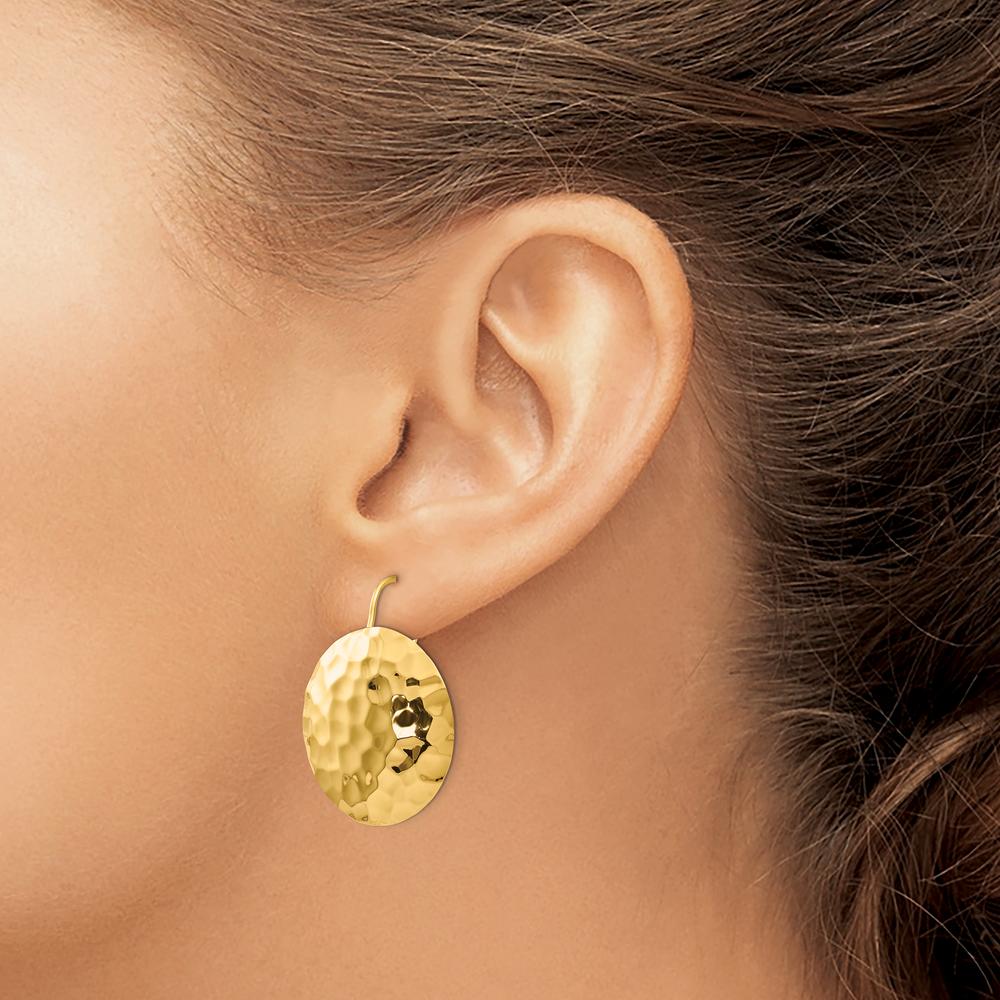 14K Yellow Gold Hammered Circle Drop Earrings - Polished Finish, 29mm Length by 0