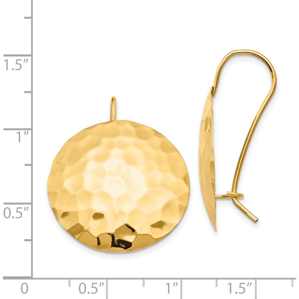 14K Yellow Gold Hammered Circle Drop Earrings - Polished Finish, 29mm Length by 0