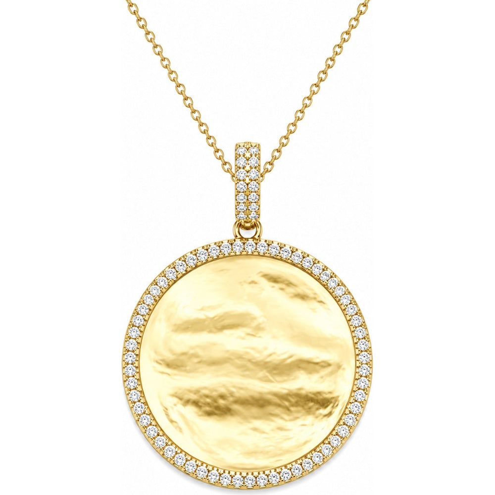 14K Yellow Gold Hammered Disc Pendant with Halo Set Round Diamonds - 1.26 Carat Total Diamond Weight by Auriventus