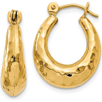 14K Yellow Gold Hammered Fancy Hollow Hoop Earrings - 9mm Length, 5mm Width by 0