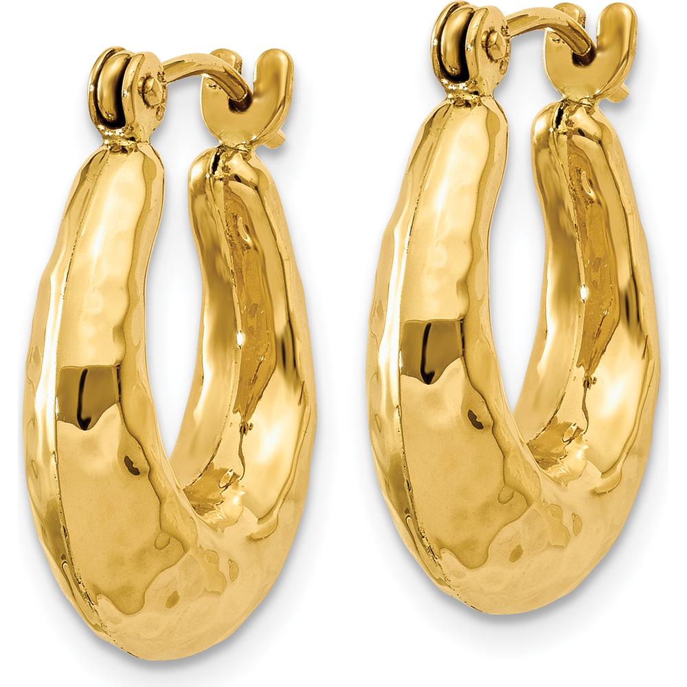 14K Yellow Gold Hammered Fancy Hollow Hoop Earrings - 9mm Length, 5mm Width by 0