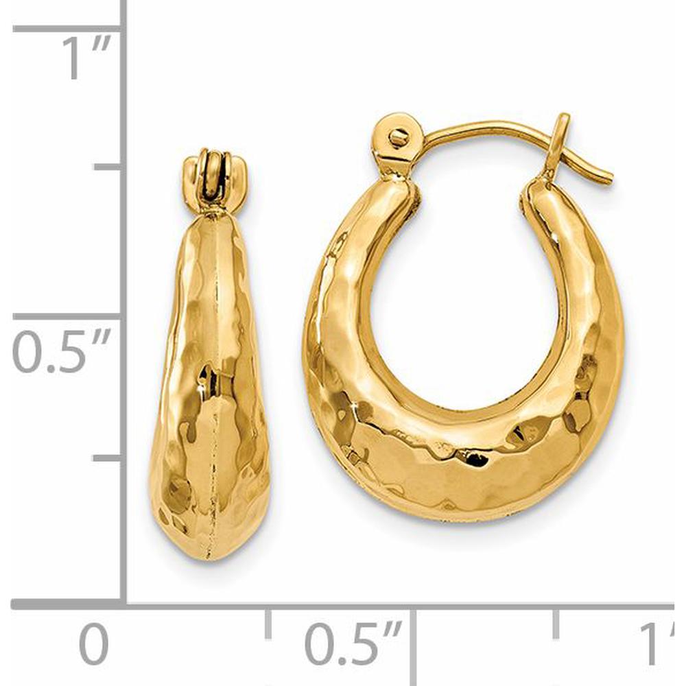 14K Yellow Gold Hammered Fancy Hollow Hoop Earrings - 9mm Length, 5mm Width by 0