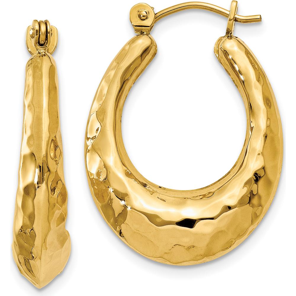 14K Yellow Gold Hammered Hollow Hoop Earrings - Polished Finish, 11mm Length by 0
