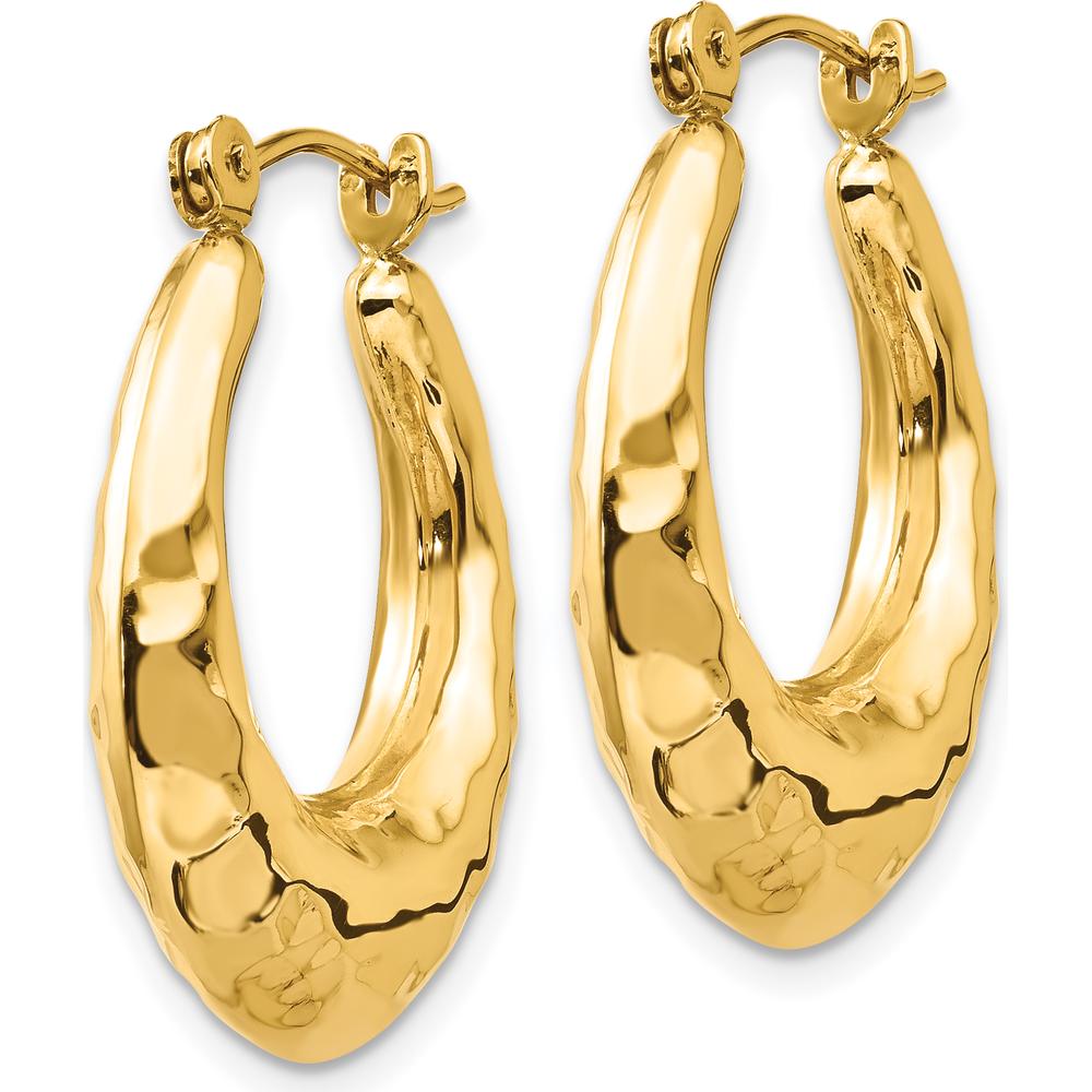 14K Yellow Gold Hammered Hollow Hoop Earrings - Polished Finish, 11mm Length by 0