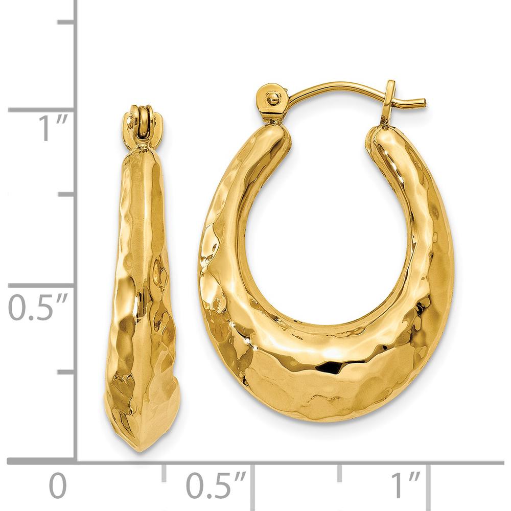 14K Yellow Gold Hammered Hollow Hoop Earrings - Polished Finish, 11mm Length by 0