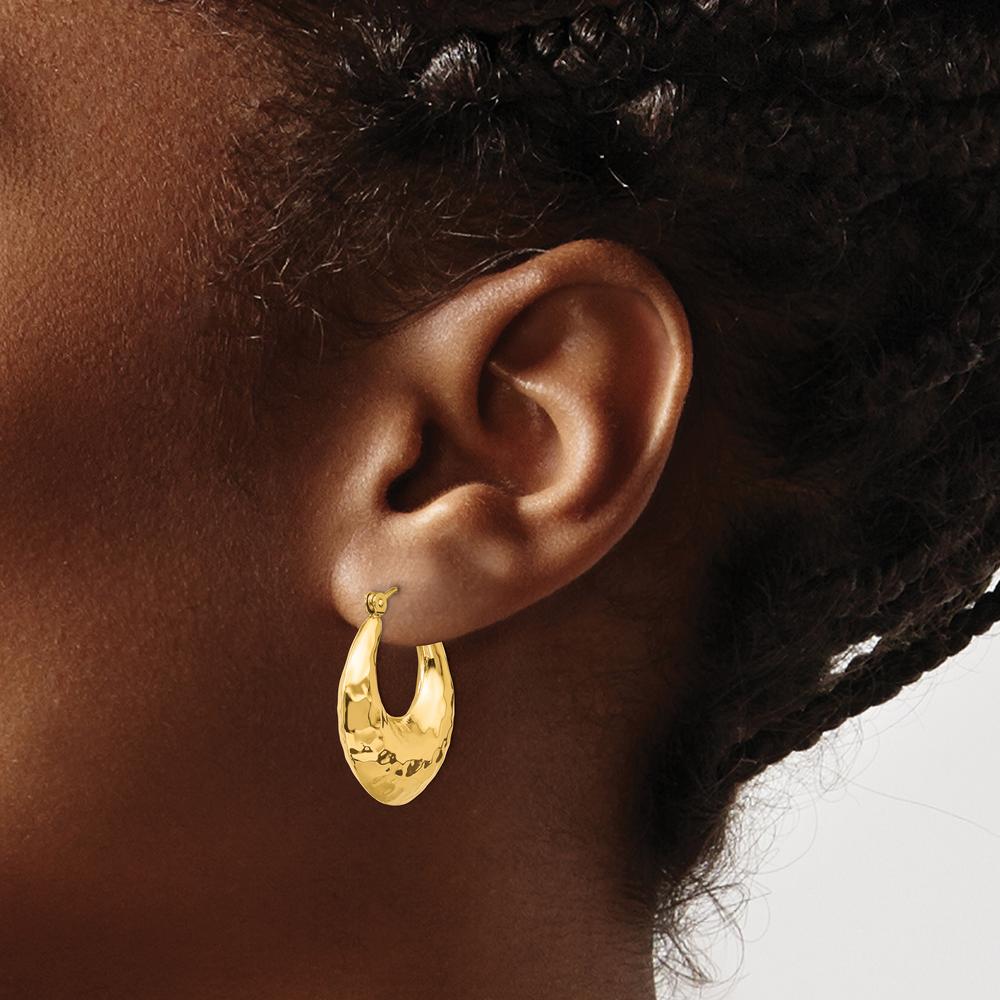 14K Yellow Gold Hammered Hollow Large Hoop Earrings - Elegant Shrimp Style by 0