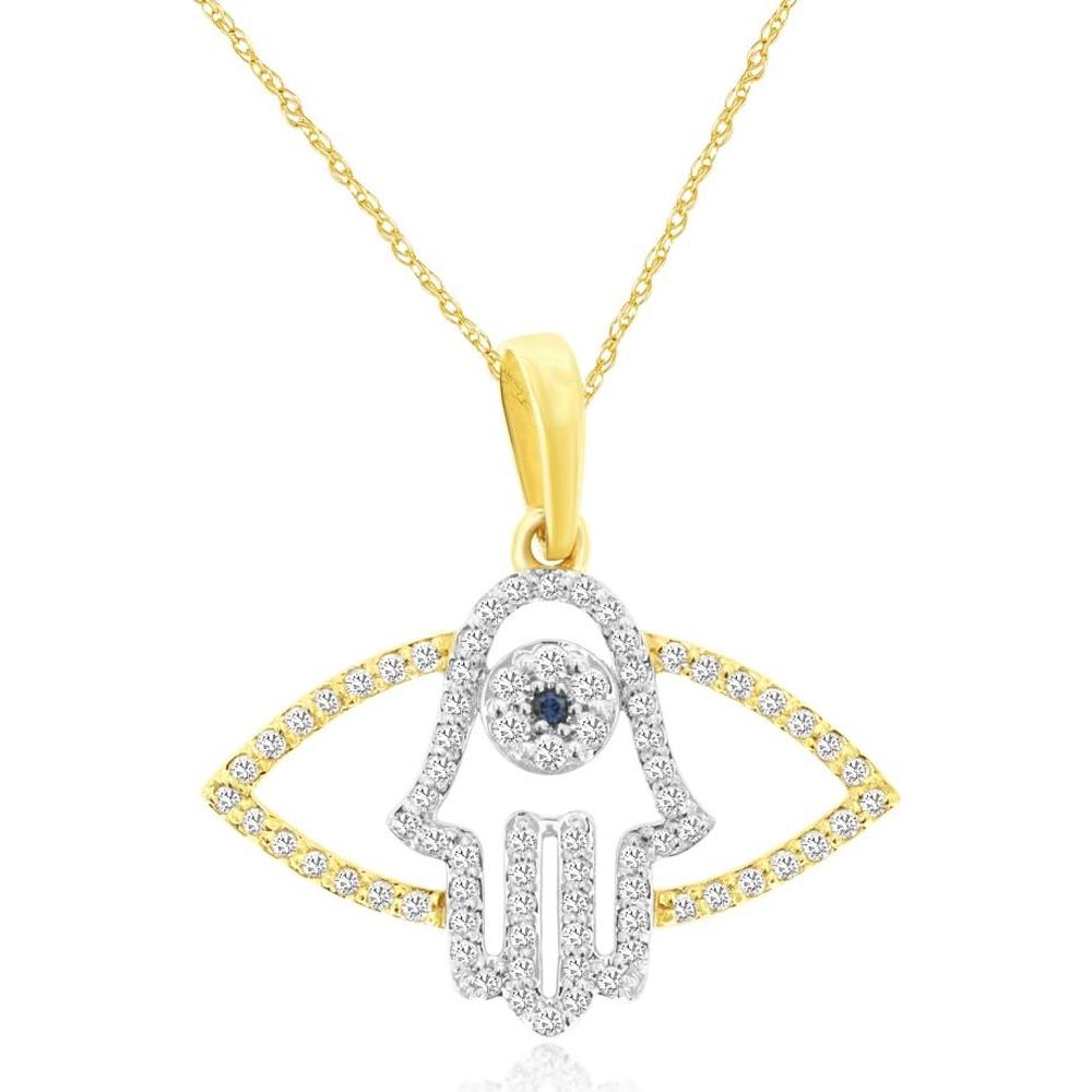 14K Yellow Gold Hamsa Evil Eye Pendant Necklace with Pavé Set Round Diamonds - 0.21 Carat Total Diamond Weight - Royal Jewelry