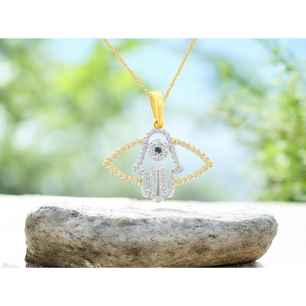 14K Yellow Gold Hamsa Evil Eye Pendant Necklace with Pavé Set Round Diamonds - 0.21 Carat Total Diamond Weight - Royal Jewelry