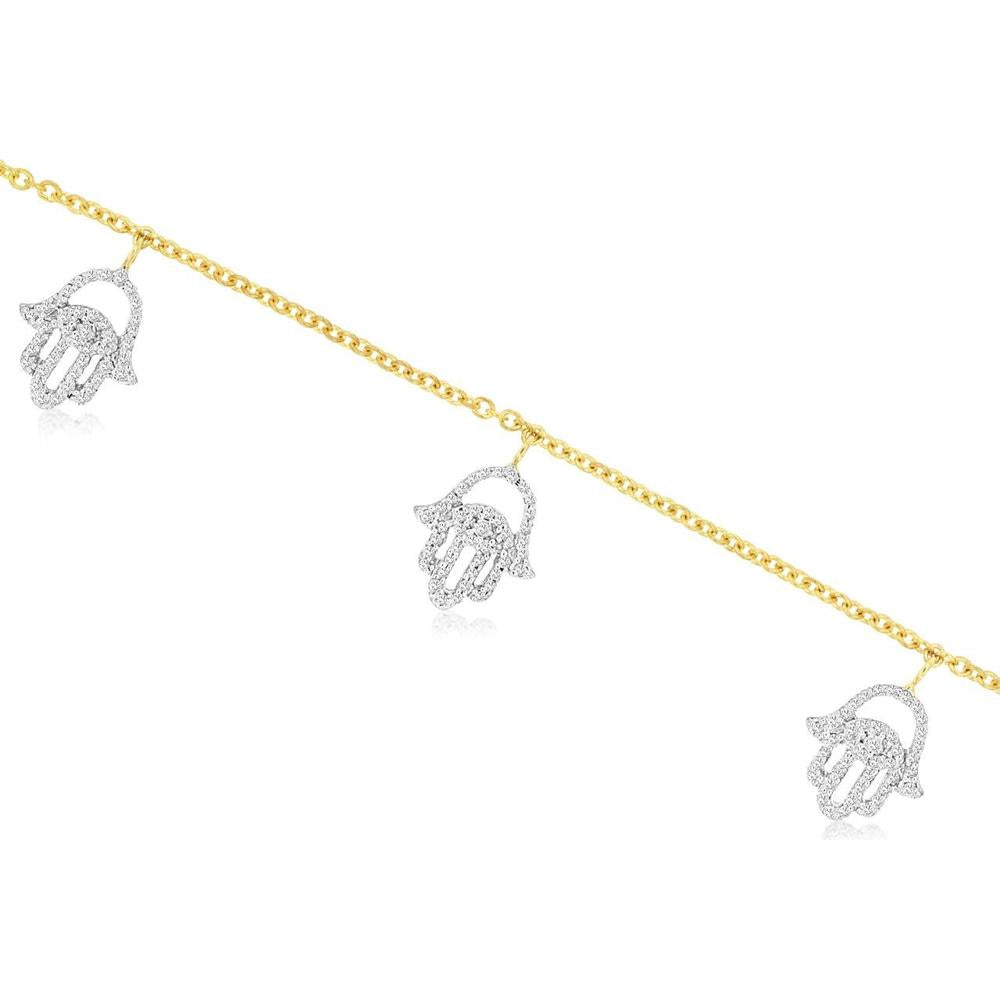 14K Yellow Gold Hamsa Hand Station Bracelet with Round Brilliant Cut Diamonds - 0.22 Carat Total Diamond Weight - Royal Jewelry