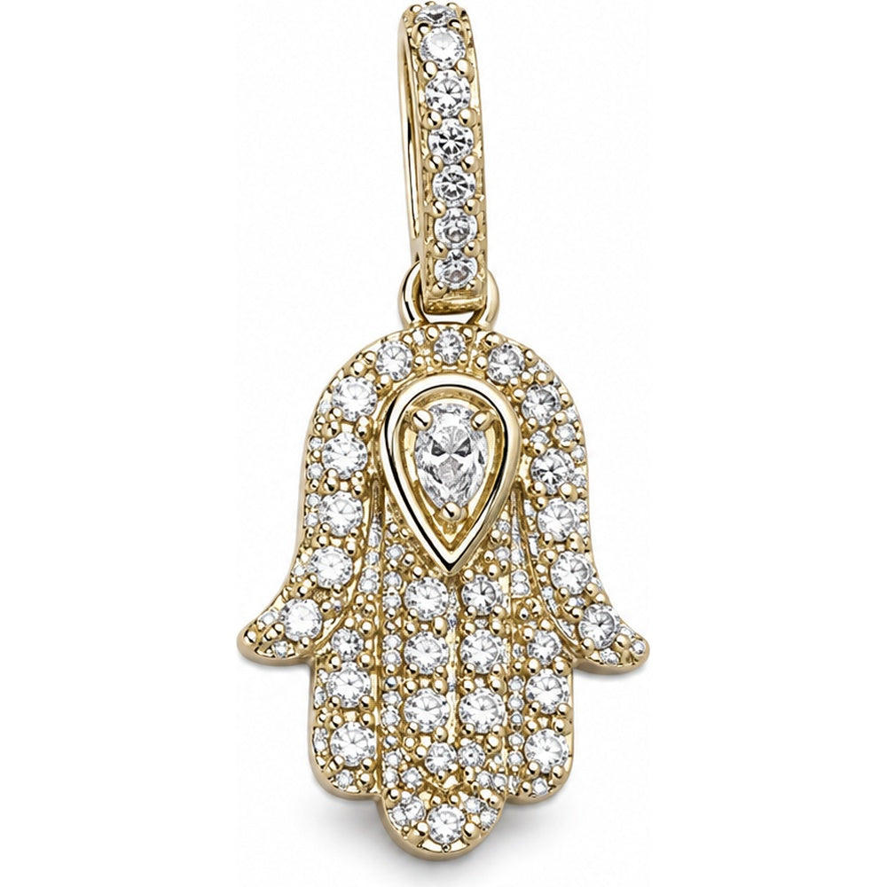 14K Yellow Gold Hamsa Pendant with Pavé Set Round Diamonds and a Pear-Shaped Diamond Center - 0.12 Carat Total Diamond Weight by Auriventus