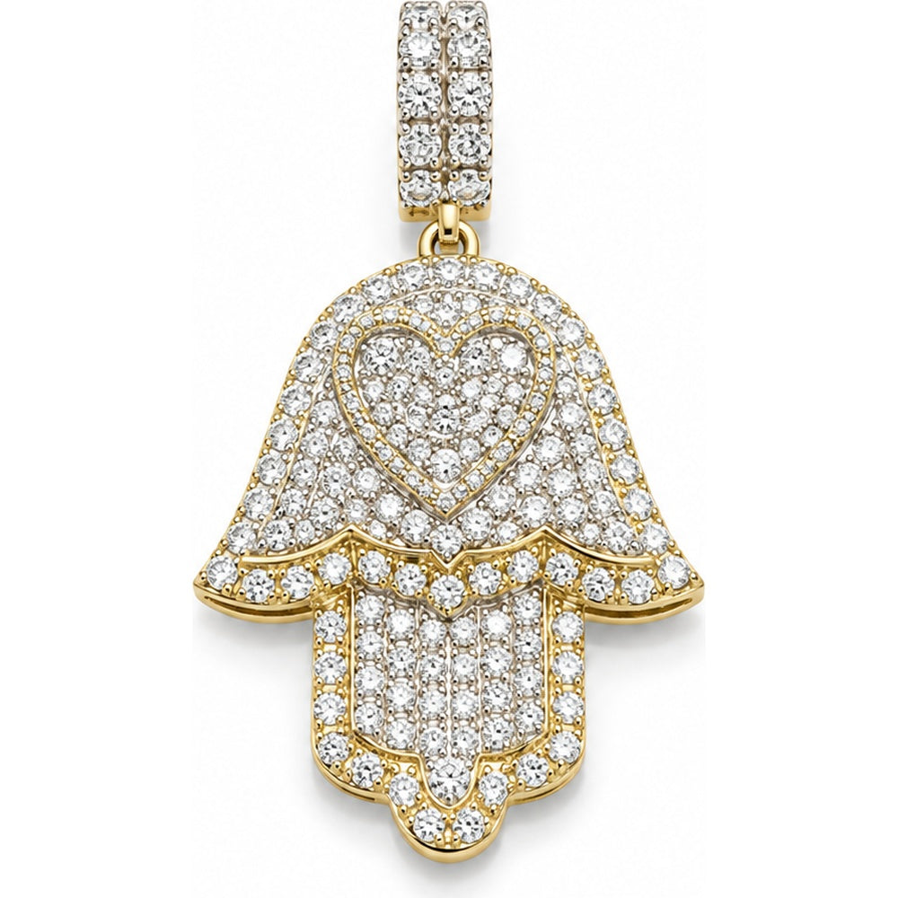 14K Yellow Gold Hamsa Pendant with Pavé-Set Round Diamonds and Heart Center Motif - 1.31 Carat Total Diamond Weight by Auriventus
