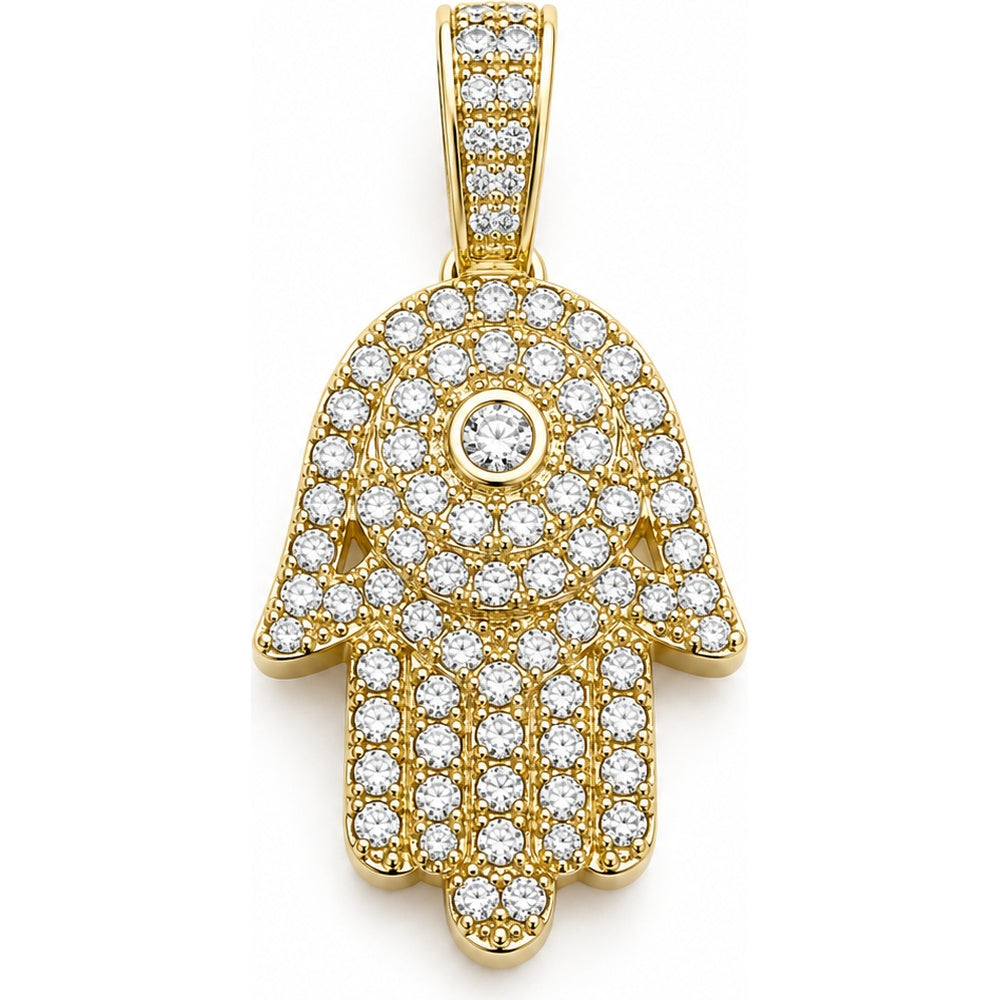 14K Yellow Gold Hamsa Pendant with Prong and Bezel Set Round Diamonds - 0.82 Carat Total Diamond Weight by Auriventus
