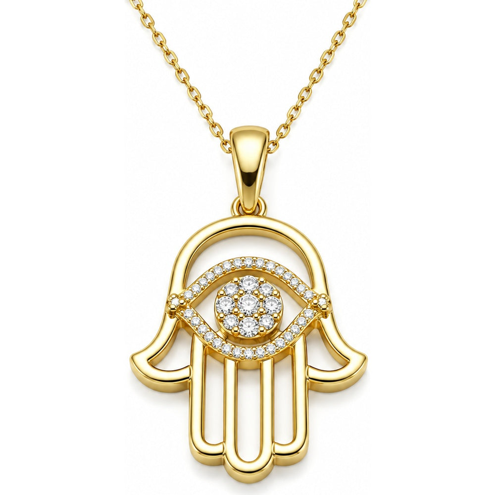 14K Yellow Gold Hamsa Pendant with Prong and Pavé Set Round Diamonds - 0.12 Carat Total Diamond Weight by Auriventus