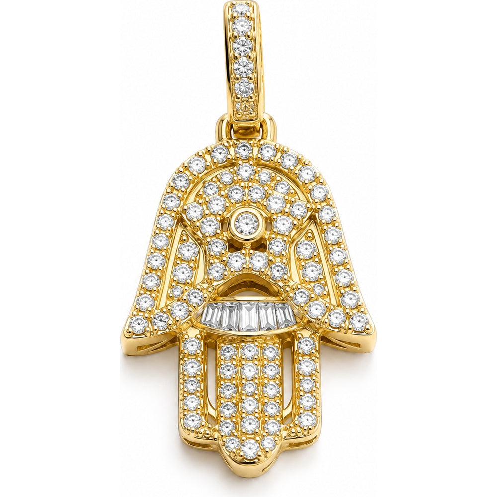 14K Yellow Gold Hamsa Pendant with Prong Set Round and Channel Set Baguette Diamonds - 0.85 Carat Total Diamond Weight by Auriventus