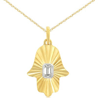 14K Yellow Gold Hamsa Pendant with Sunburst Texture and 0.12 Carat Emerald Cut Diamond - Royal Jewelry