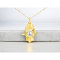 14K Yellow Gold Hamsa Pendant with Sunburst Texture and 0.12 Carat Emerald Cut Diamond - Royal Jewelry